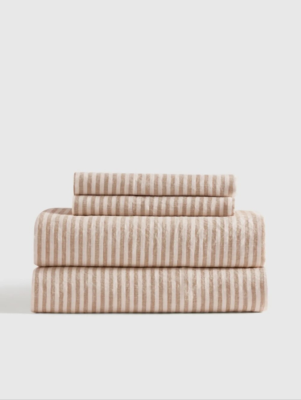 Quince European Linen 4 Piece Full Striped  Sheet Set - Latte and White NWT